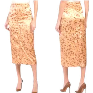 Zara Peach/Brown Satin Floral Slip Midi Skirt, L, Bias Cut Ditsy Floral